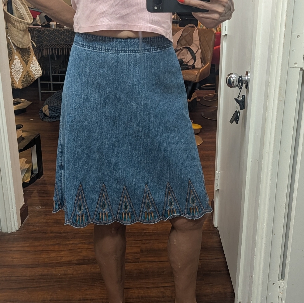 Christopher & Banks Southwestern denim skirt embroidered hem Coastal Cowgirl 12